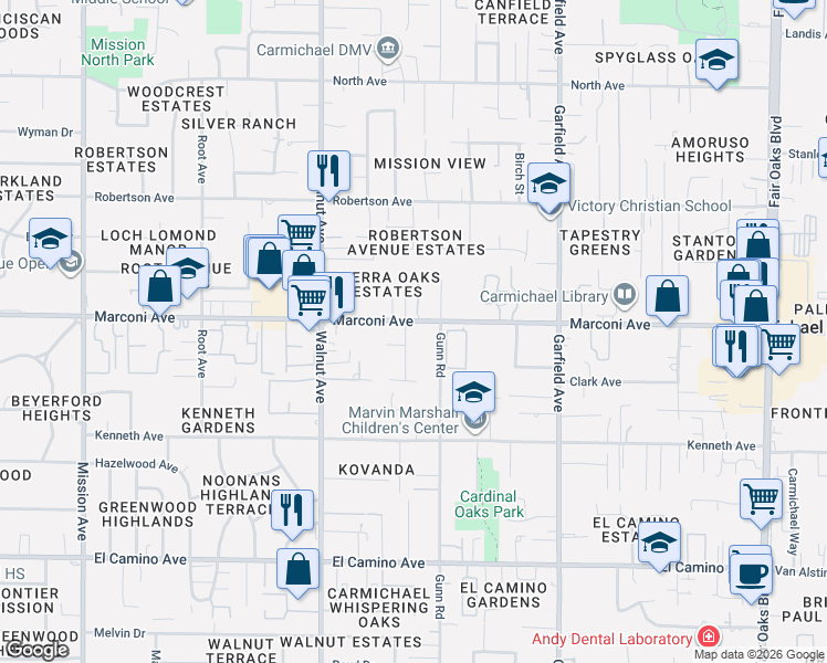 map of restaurants, bars, coffee shops, grocery stores, and more near 5225b Marconi Avenue in Carmichael