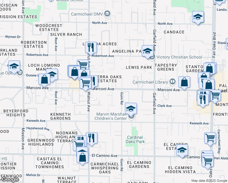 map of restaurants, bars, coffee shops, grocery stores, and more near 5225b Marconi Avenue in Carmichael