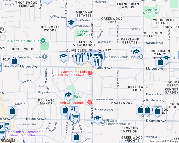 map of restaurants, bars, coffee shops, grocery stores, and more near 4224 Marconi Avenue in Sacramento