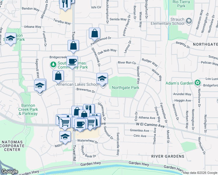 map of restaurants, bars, coffee shops, grocery stores, and more near 2850 Stonecreek Dr in Sacramento