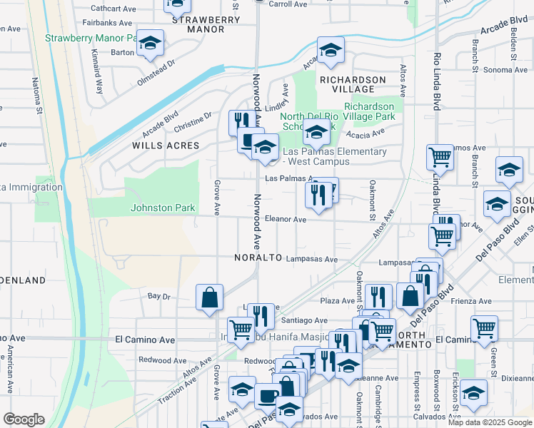 map of restaurants, bars, coffee shops, grocery stores, and more near 417 Eleanor Avenue in Sacramento