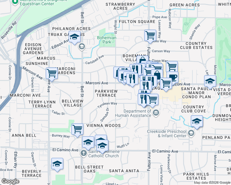 map of restaurants, bars, coffee shops, grocery stores, and more near 2420 Marconi Avenue in Sacramento