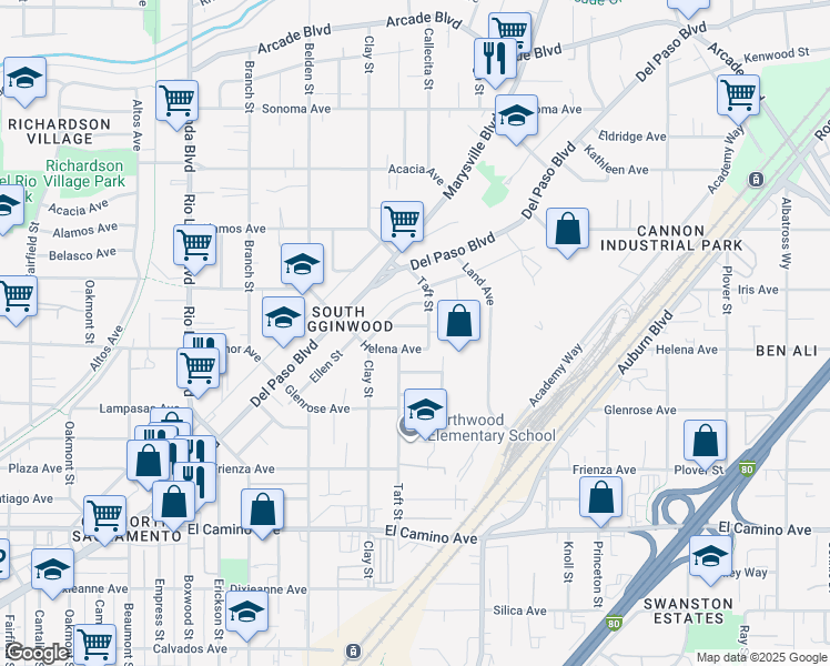 map of restaurants, bars, coffee shops, grocery stores, and more near 1232 Browning Drive in Sacramento