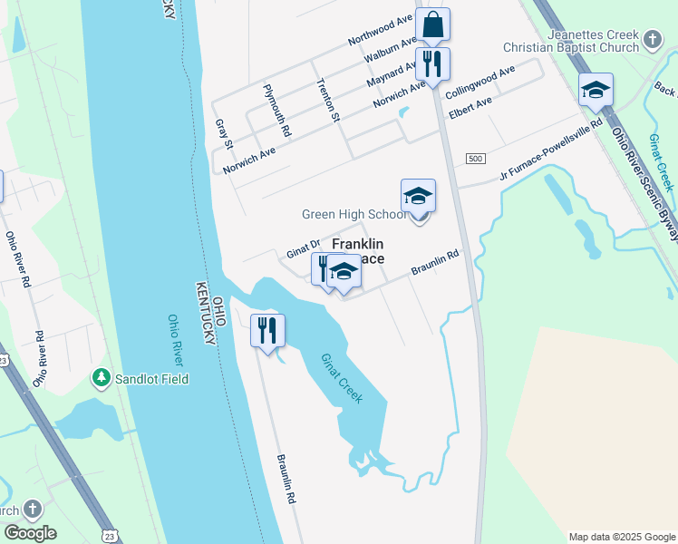 map of restaurants, bars, coffee shops, grocery stores, and more near 220 Orchard Drive in Franklin Furnace