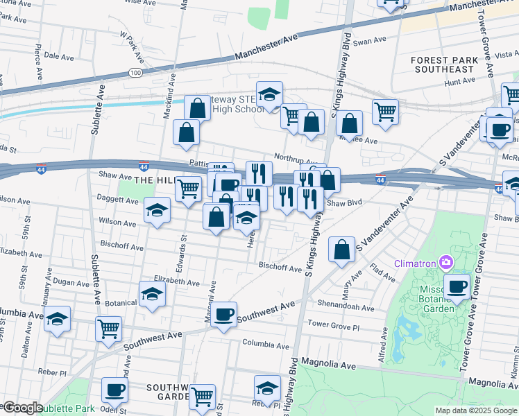 map of restaurants, bars, coffee shops, grocery stores, and more near 1922 Hereford Street in St. Louis