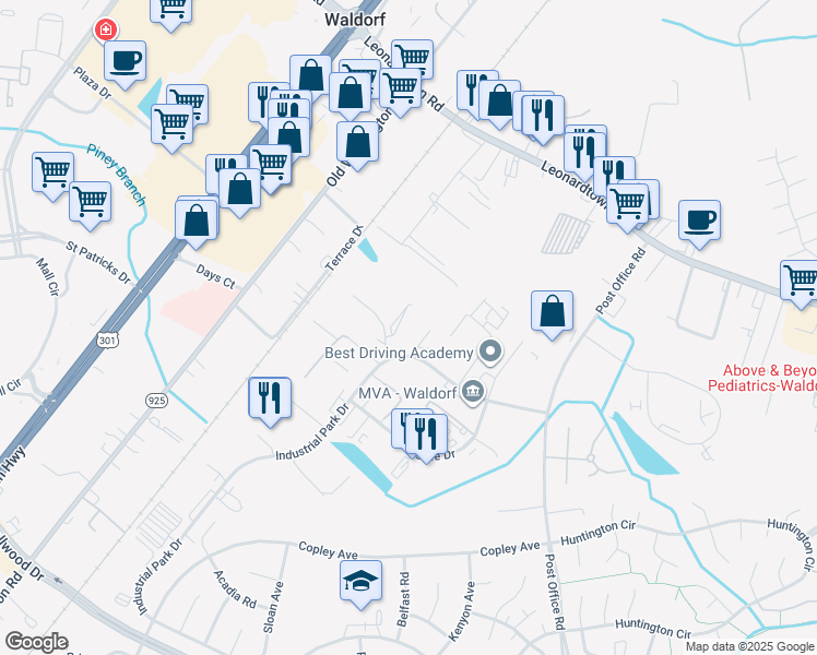 map of restaurants, bars, coffee shops, grocery stores, and more near 26 Industrial Park Dr in Waldorf
