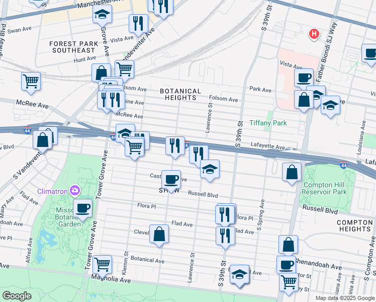 map of restaurants, bars, coffee shops, grocery stores, and more near 4001 De Tonty Street in St. Louis