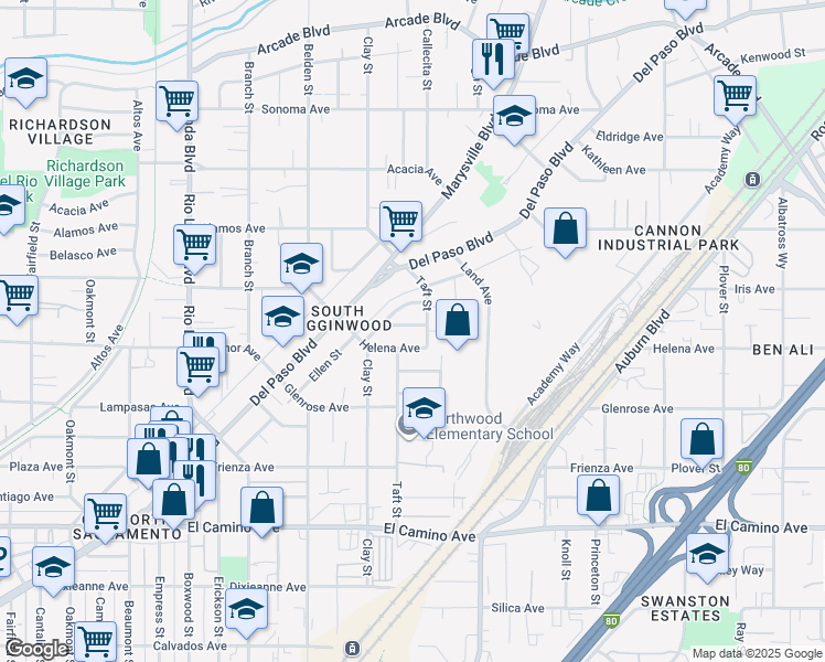 map of restaurants, bars, coffee shops, grocery stores, and more near 1232 Browning Drive in Sacramento