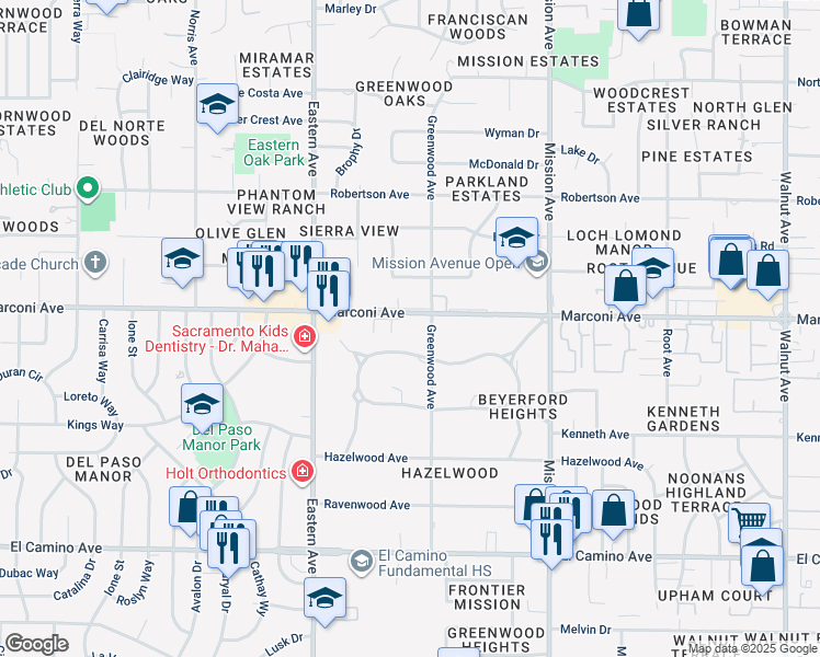 map of restaurants, bars, coffee shops, grocery stores, and more near in Arden-Arcade