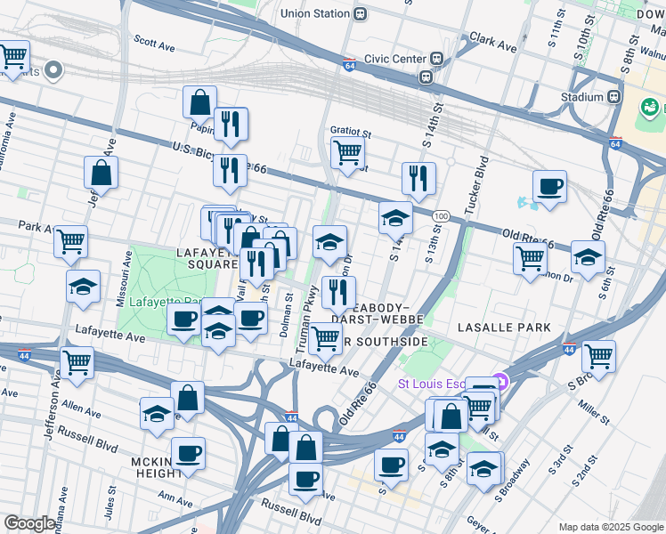 map of restaurants, bars, coffee shops, grocery stores, and more near 1224 Grattan Street in Saint Louis