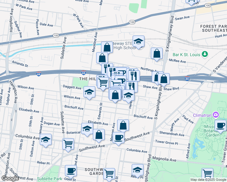 map of restaurants, bars, coffee shops, grocery stores, and more near 5219 Daggett Avenue in St. Louis