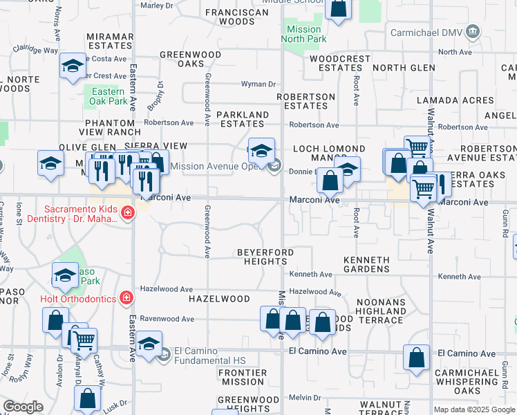 map of restaurants, bars, coffee shops, grocery stores, and more near 4631 Marconi Avenue in Sacramento