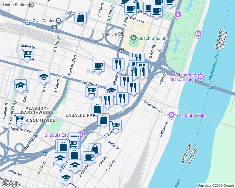 map of restaurants, bars, coffee shops, grocery stores, and more near 614 Chouteau Avenue in St. Louis