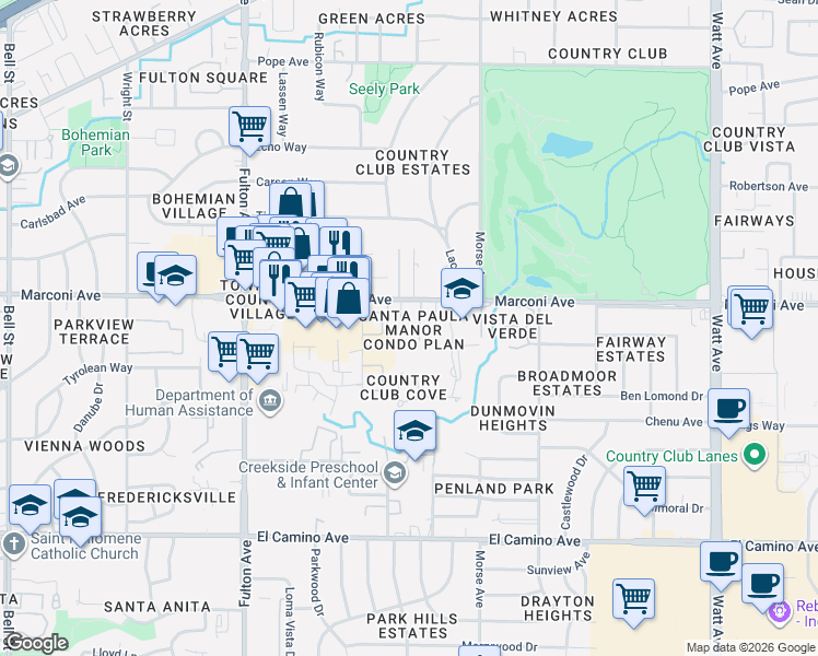 map of restaurants, bars, coffee shops, grocery stores, and more near 2831 Santa Paula Court in Sacramento