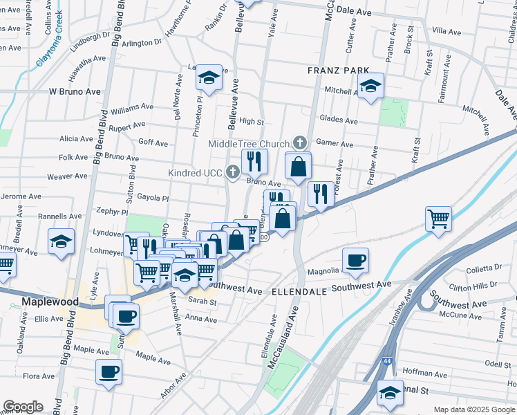 map of restaurants, bars, coffee shops, grocery stores, and more near 2218 Yale Avenue in Maplewood