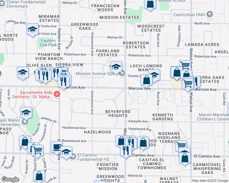 map of restaurants, bars, coffee shops, grocery stores, and more near 4600 Marconi Avenue in Sacramento