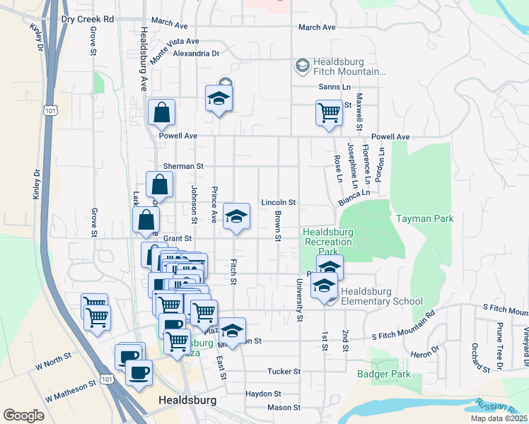 map of restaurants, bars, coffee shops, grocery stores, and more near 414 Lincoln Street in Healdsburg
