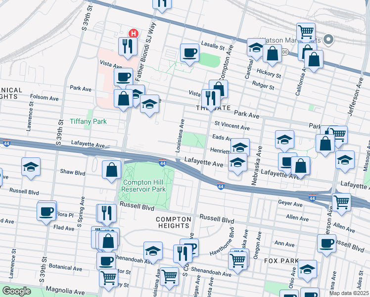 map of restaurants, bars, coffee shops, grocery stores, and more near 3252 Henrietta Street in St. Louis