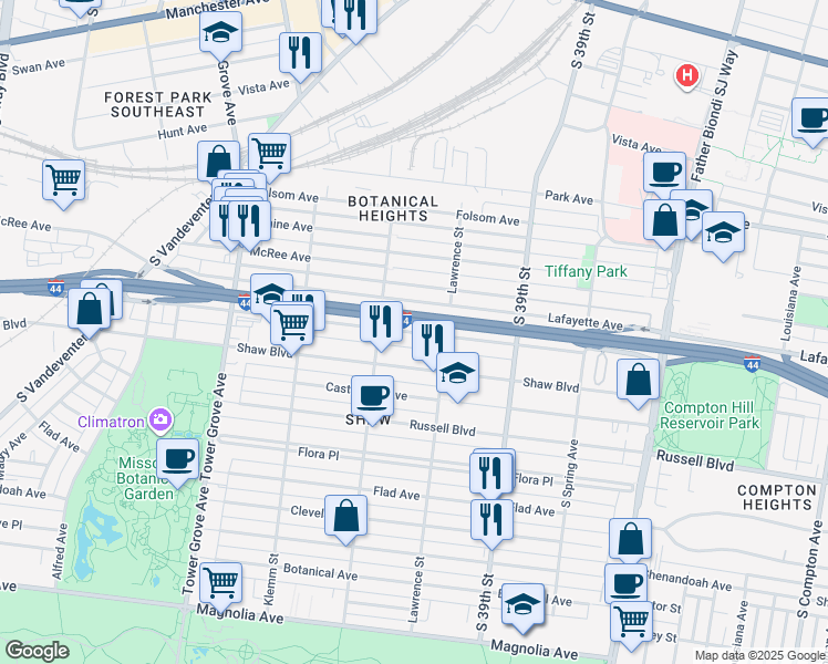 map of restaurants, bars, coffee shops, grocery stores, and more near 4001 De Tonty Street in St. Louis