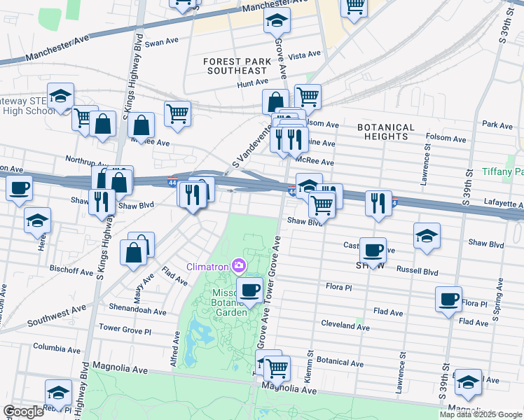 map of restaurants, bars, coffee shops, grocery stores, and more near 4344 De Tonty Street in St. Louis
