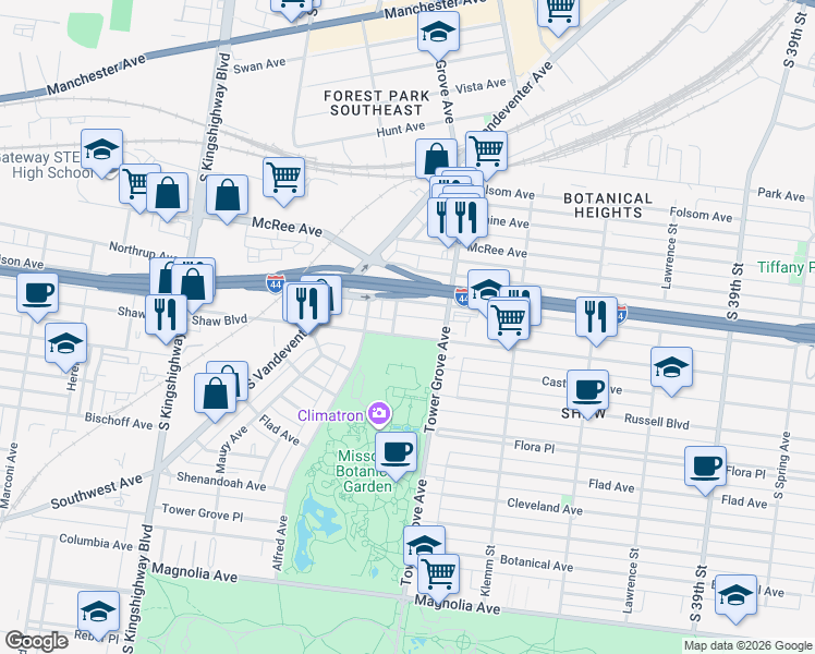 map of restaurants, bars, coffee shops, grocery stores, and more near 4344 De Tonty Street in St. Louis