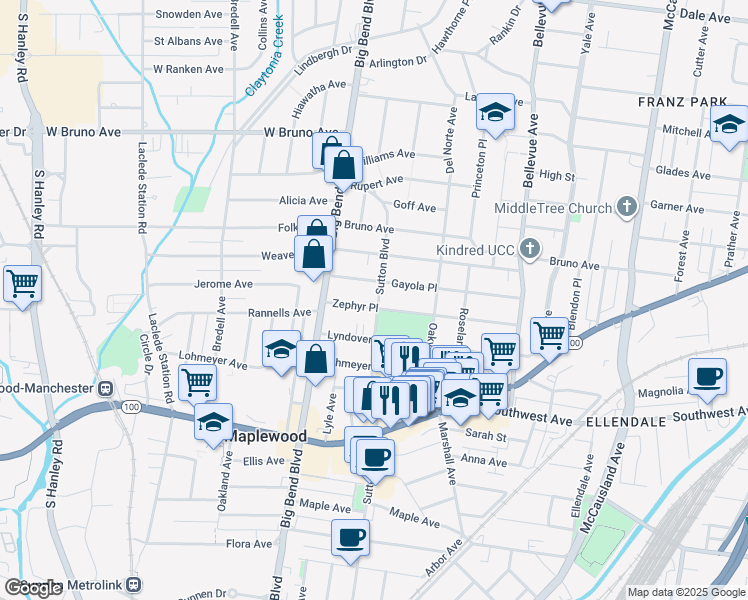 map of restaurants, bars, coffee shops, grocery stores, and more near 7360 Gayola Place in Maplewood