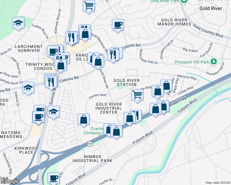 map of restaurants, bars, coffee shops, grocery stores, and more near 2359 Stone River Court in Gold River