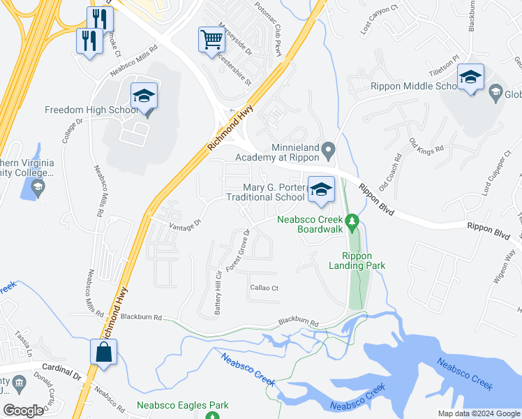 map of restaurants, bars, coffee shops, grocery stores, and more near 15384 Gatehouse Terrace in Woodbridge