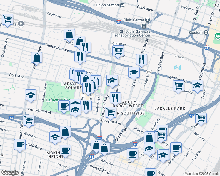 map of restaurants, bars, coffee shops, grocery stores, and more near 1224 Grattan Street in Saint Louis