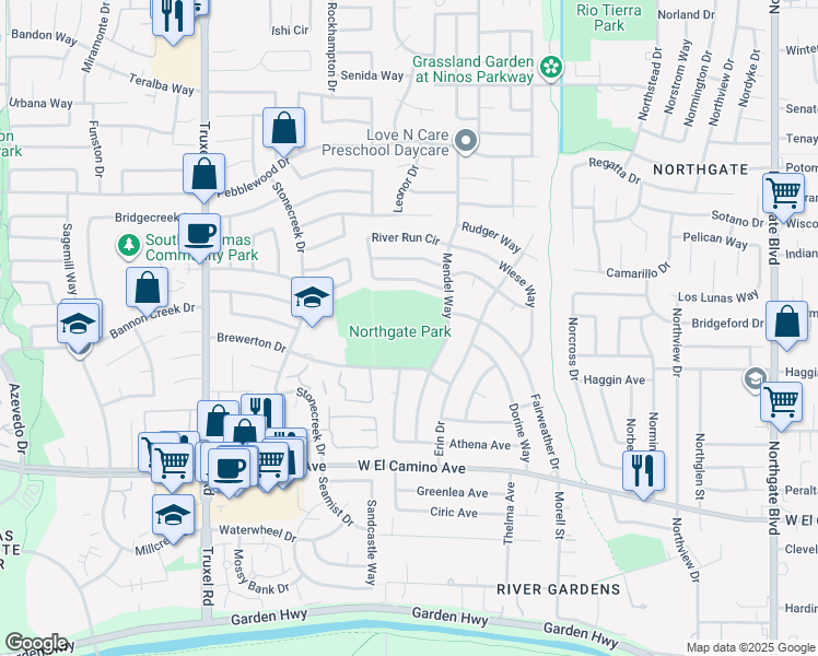map of restaurants, bars, coffee shops, grocery stores, and more near 2825 Mendel Way in Sacramento
