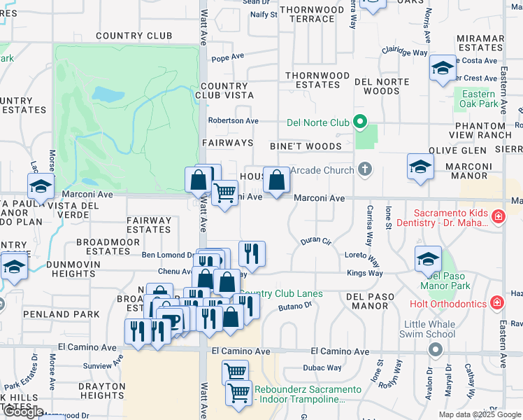 map of restaurants, bars, coffee shops, grocery stores, and more near 3524 Marconi Avenue in Sacramento