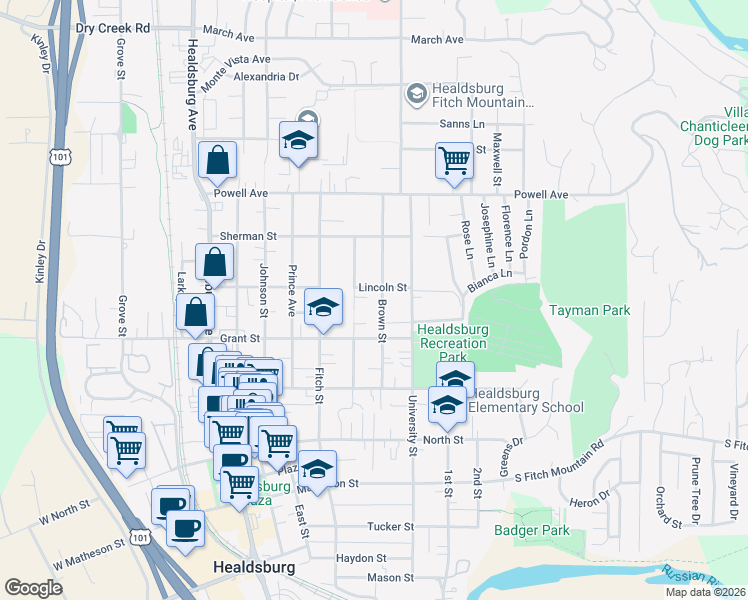 map of restaurants, bars, coffee shops, grocery stores, and more near 414 Lincoln Street in Healdsburg