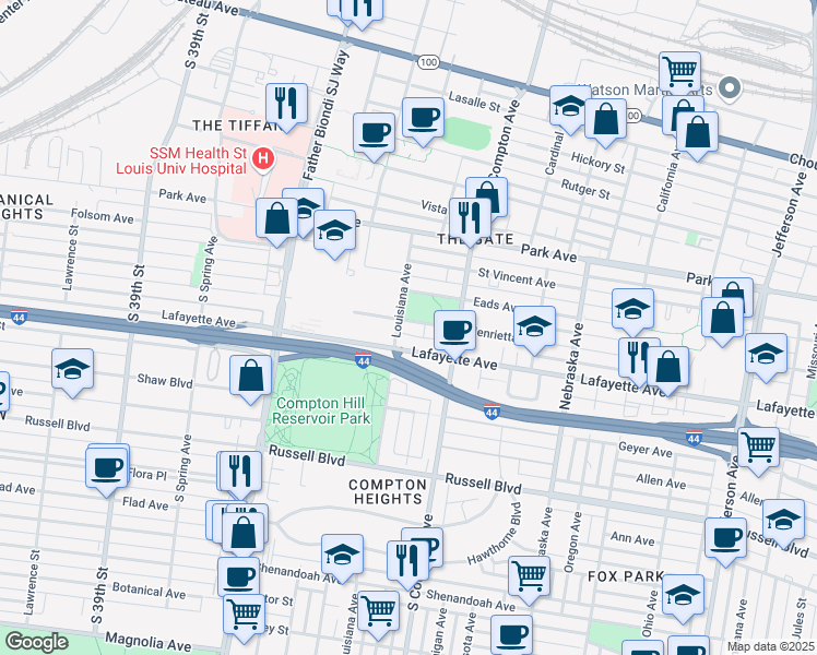 map of restaurants, bars, coffee shops, grocery stores, and more near 3252 Henrietta Street in St. Louis