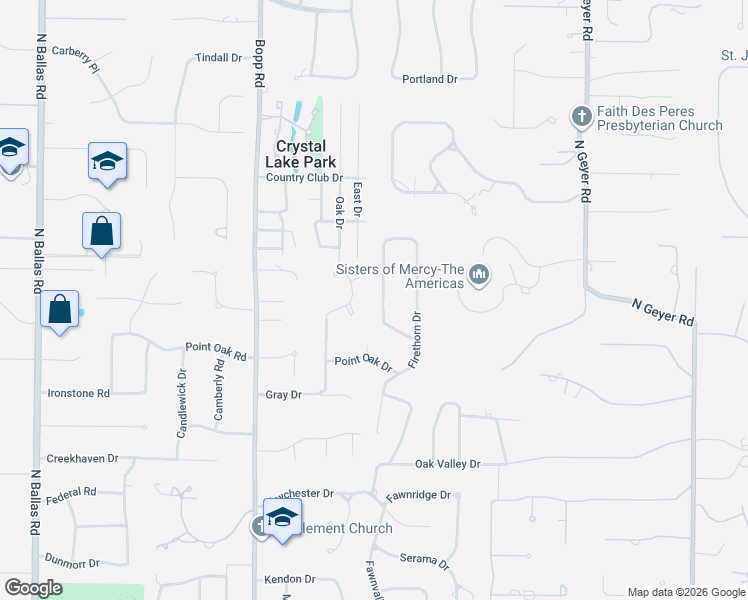 map of restaurants, bars, coffee shops, grocery stores, and more near 2046 Willow Leaf Drive in Des Peres