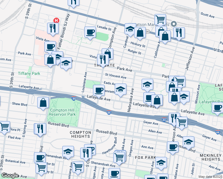 map of restaurants, bars, coffee shops, grocery stores, and more near 3110 Eads Avenue in St. Louis