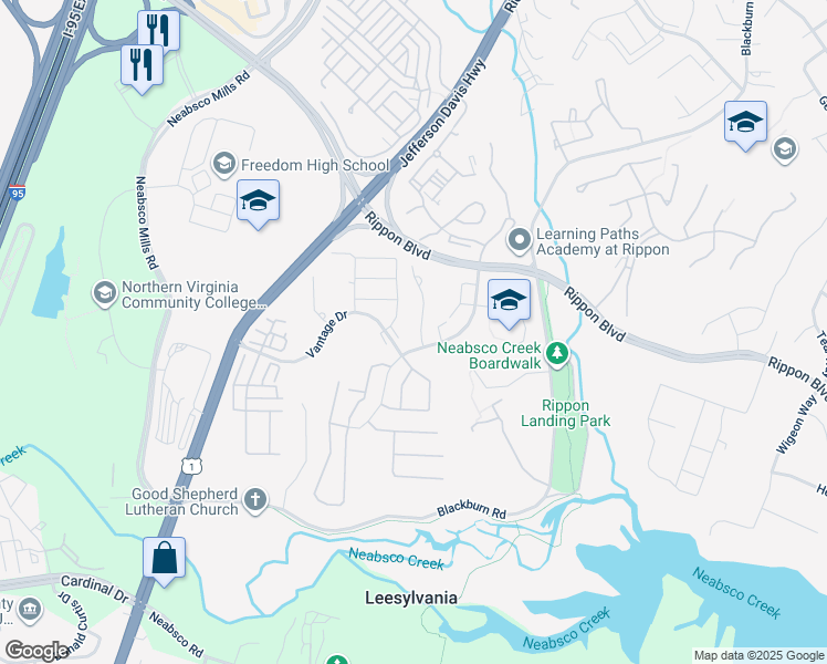 map of restaurants, bars, coffee shops, grocery stores, and more near 15384 Gatehouse Terrace in Woodbridge