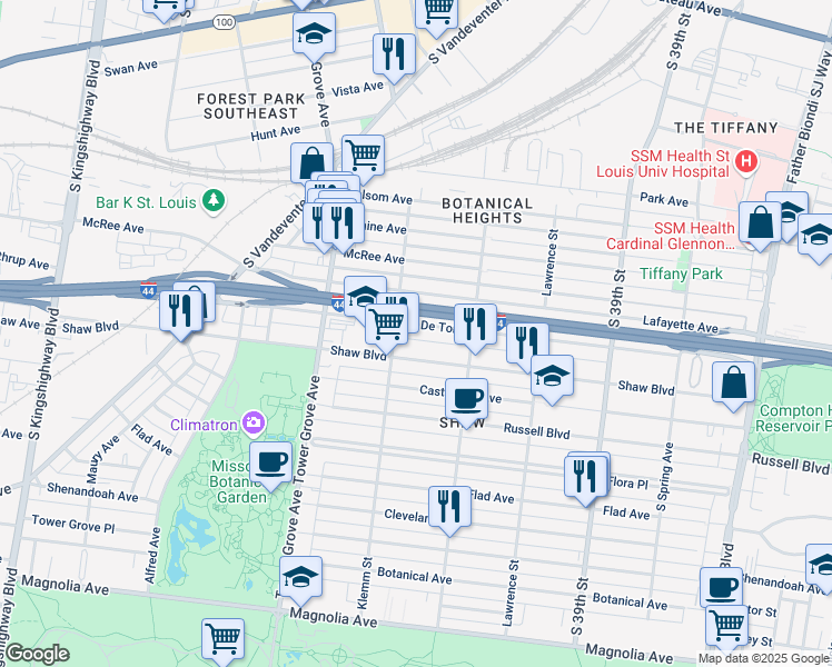 map of restaurants, bars, coffee shops, grocery stores, and more near 4158 De Tonty Street in St. Louis