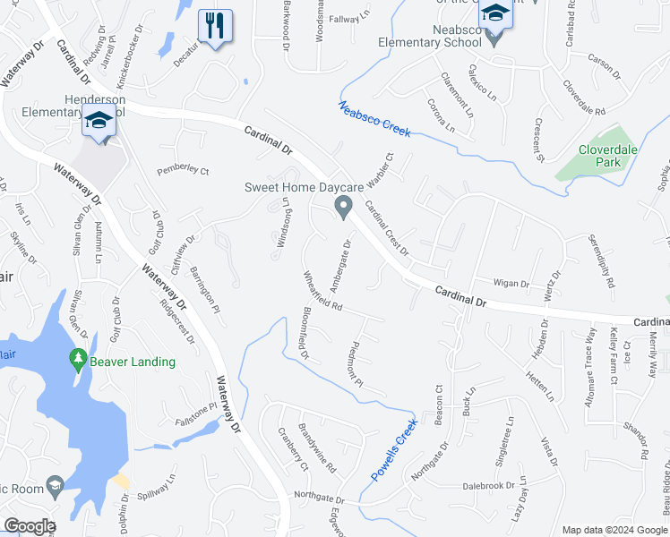 map of restaurants, bars, coffee shops, grocery stores, and more near 15476 Ambergate Drive in Woodbridge