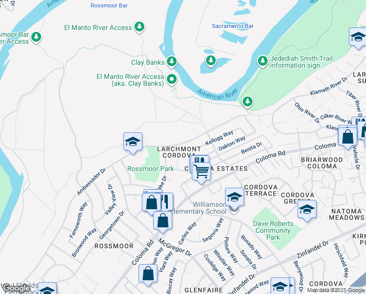 map of restaurants, bars, coffee shops, grocery stores, and more near 10734 Ambassador Drive in Rancho Cordova