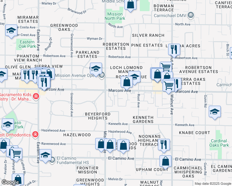 map of restaurants, bars, coffee shops, grocery stores, and more near 4730 Marconi Avenue in Carmichael
