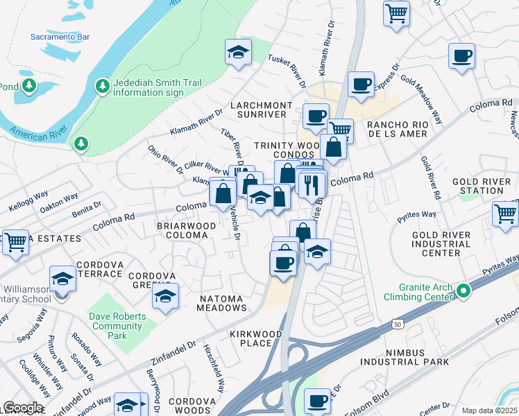 map of restaurants, bars, coffee shops, grocery stores, and more near 11092 Coloma Road in Rancho Cordova