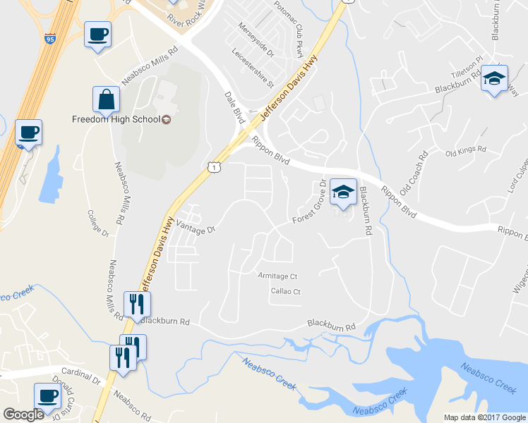 map of restaurants, bars, coffee shops, grocery stores, and more near 2207 Vantage Drive in Woodbridge