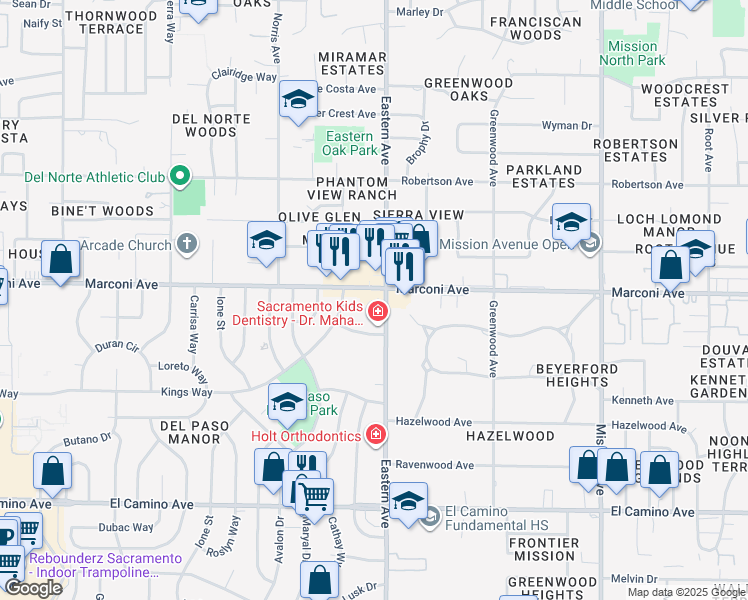 map of restaurants, bars, coffee shops, grocery stores, and more near 4224 Marconi Avenue in Sacramento