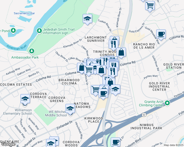 map of restaurants, bars, coffee shops, grocery stores, and more near 11092 Coloma Road in Rancho Cordova