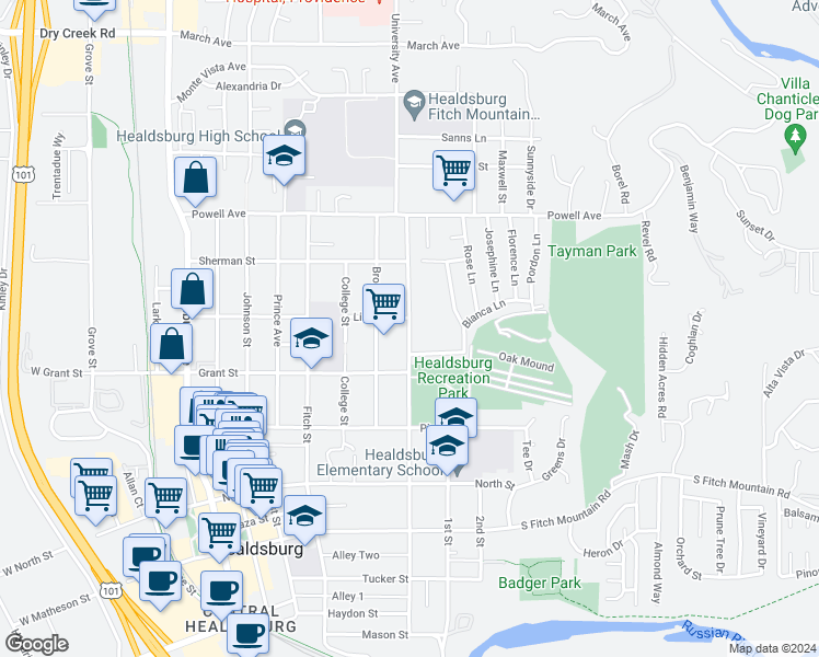 map of restaurants, bars, coffee shops, grocery stores, and more near 643 University Street in Healdsburg