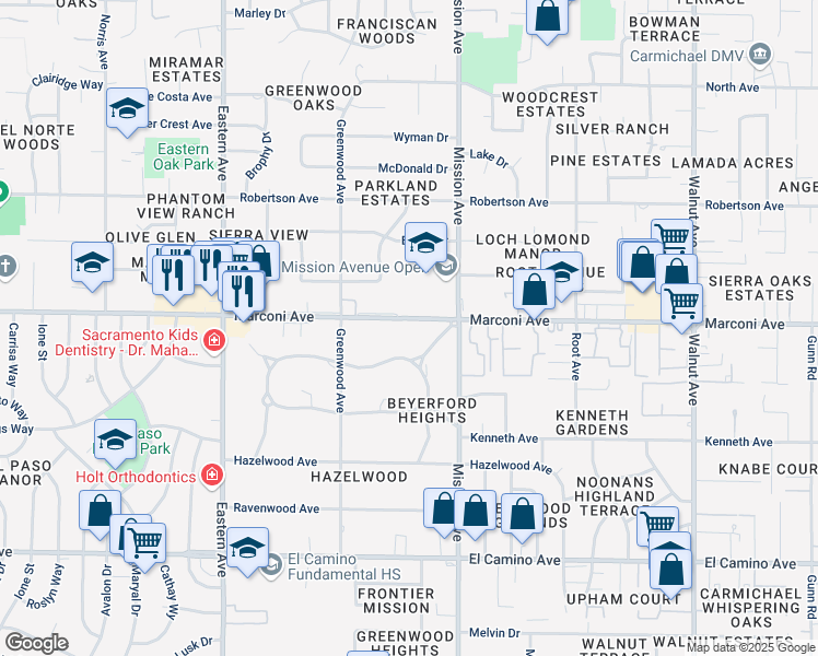 map of restaurants, bars, coffee shops, grocery stores, and more near 4600 Marconi Avenue in Sacramento
