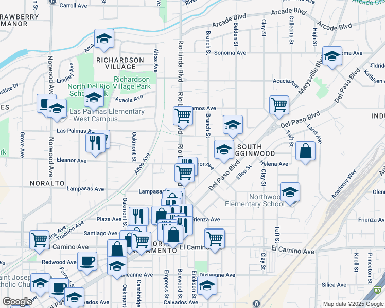 map of restaurants, bars, coffee shops, grocery stores, and more near 2747 Branch Street in Sacramento