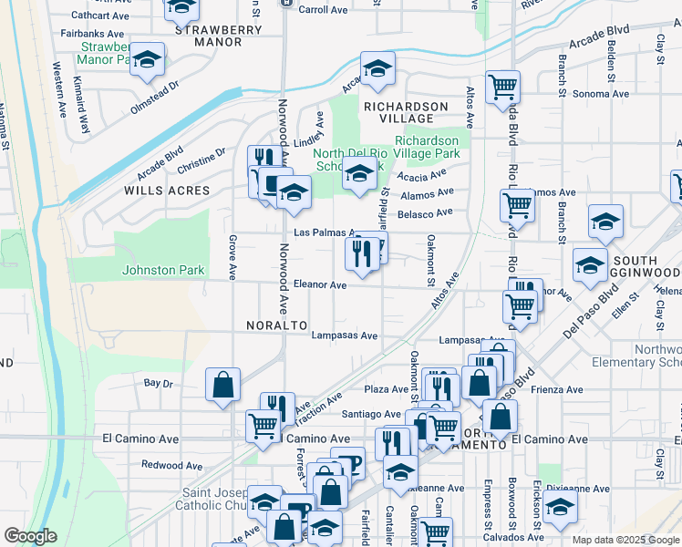 map of restaurants, bars, coffee shops, grocery stores, and more near 2737 Forrest Street in Sacramento