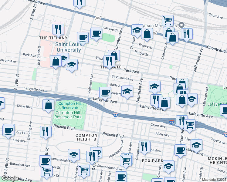 map of restaurants, bars, coffee shops, grocery stores, and more near 3110 Eads Avenue in St. Louis