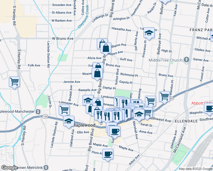 map of restaurants, bars, coffee shops, grocery stores, and more near 7434 Gayola Place in Maplewood
